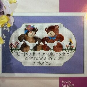 Designs for the Needle Cross Stitch Kit 7765 Salaries Teddy Bears Funny New VTG